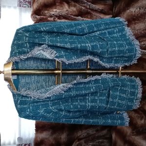 Joan Rivers teal white plaid print size medium with fringe